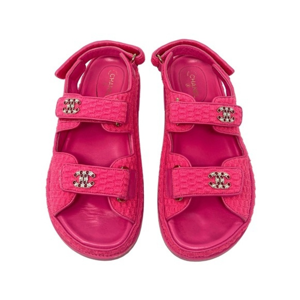 Chanel Pink Tweed CC Logo Flat Dad Sandals Straps EU 39